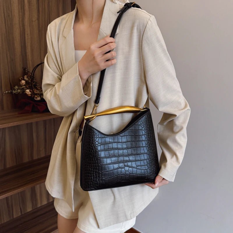 SEAME - Anya Elegant Crocodile Pattern Handbag for Women - Versatile Top - Handle & Crossbody Bag Black