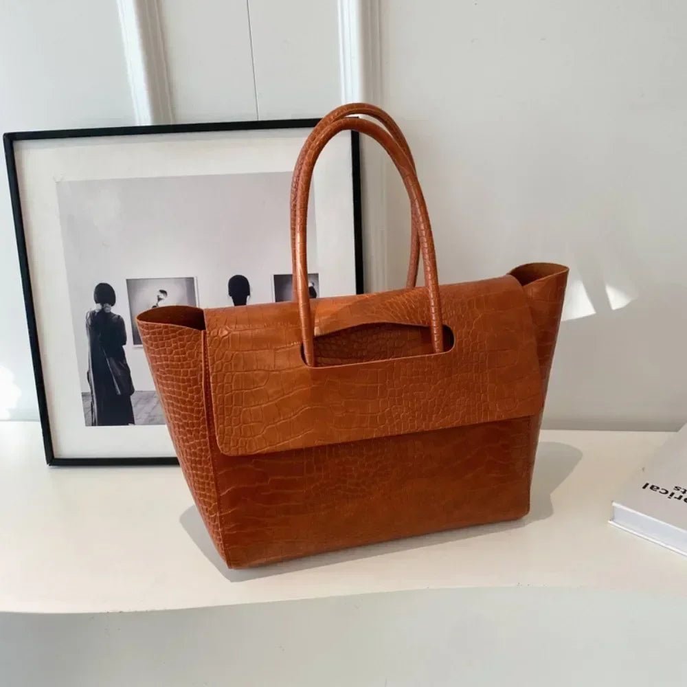 SEAME - Claudia Handbag - Stylish Crocodile Pattern Large Capacity Tote for Women Dark Brown