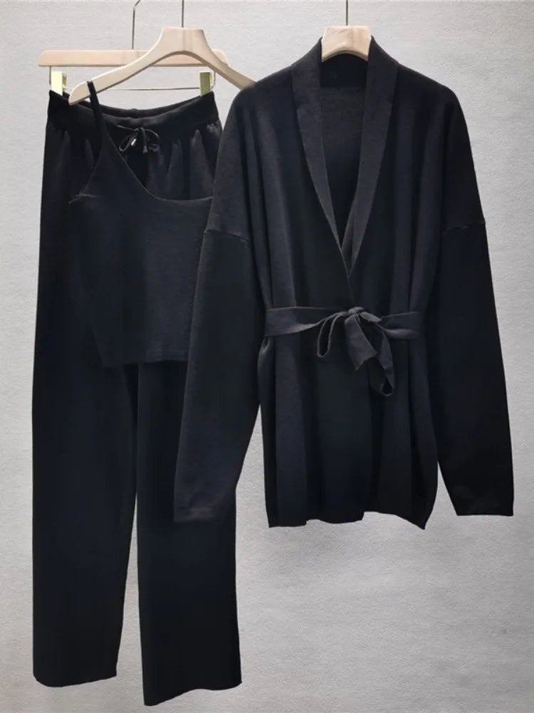 SEAME - Divine - Comfy Knitted Autumn Winter Set with belted Vest & Wide Leg Trousers Black One Size