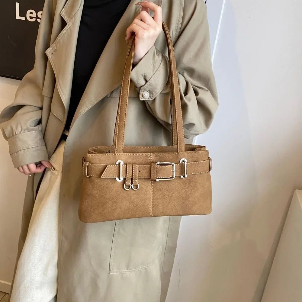 SEAME - Gemma - Retro Texture Tote Bag with Secure Belt Lock Closure Beige