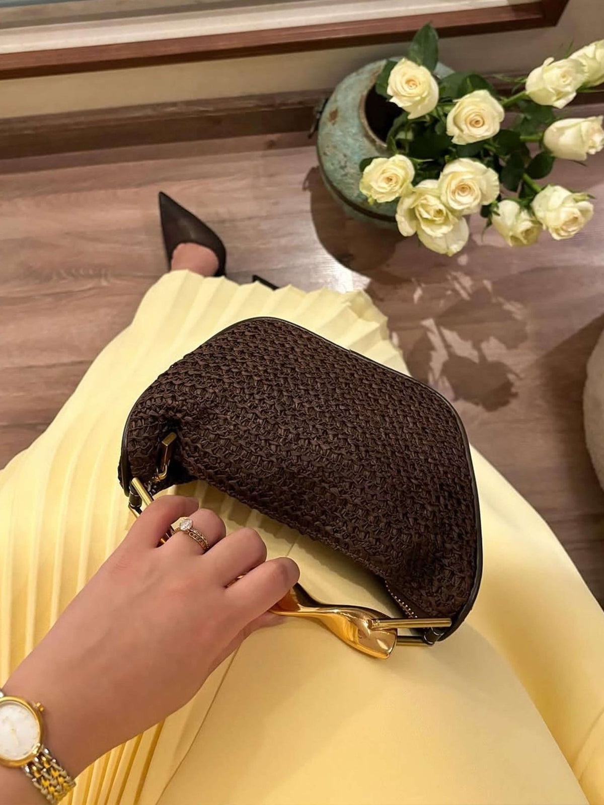 Seame - Grace Woven Bag with Gold Handle Brown